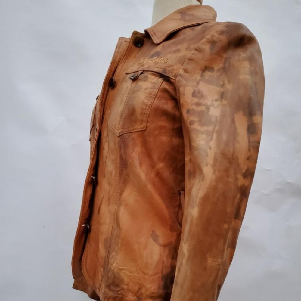 Harley Leather Motorcycle Jacket cowgirl brown tan black biker tiedyed 4 6 small - Picture 5 of 7